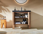 MUNICH 36” NATURAL TEAK FREESTANDING MODERN BATHROOM VANITY (BLACK COUNTERTOP)