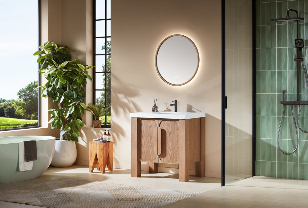 MUNICH 36” NATURAL TEAK FREESTANDING MODERN BATHROOM VANITY (WHITE COUNTERTOP)