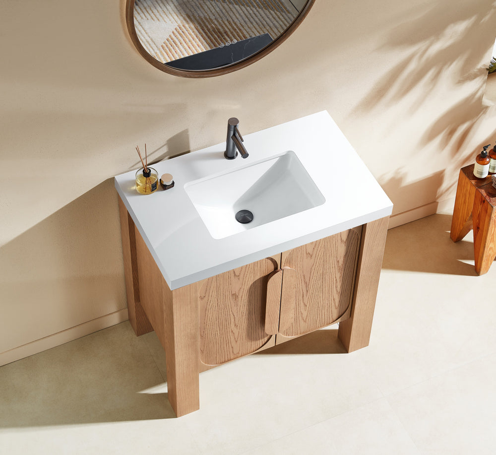MUNICH 36” NATURAL TEAK FREESTANDING MODERN BATHROOM VANITY (WHITE COUNTERTOP)