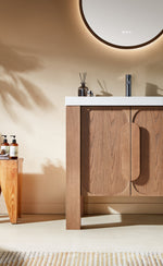 MUNICH 36” NATURAL TEAK FREESTANDING MODERN BATHROOM VANITY (WHITE COUNTERTOP)