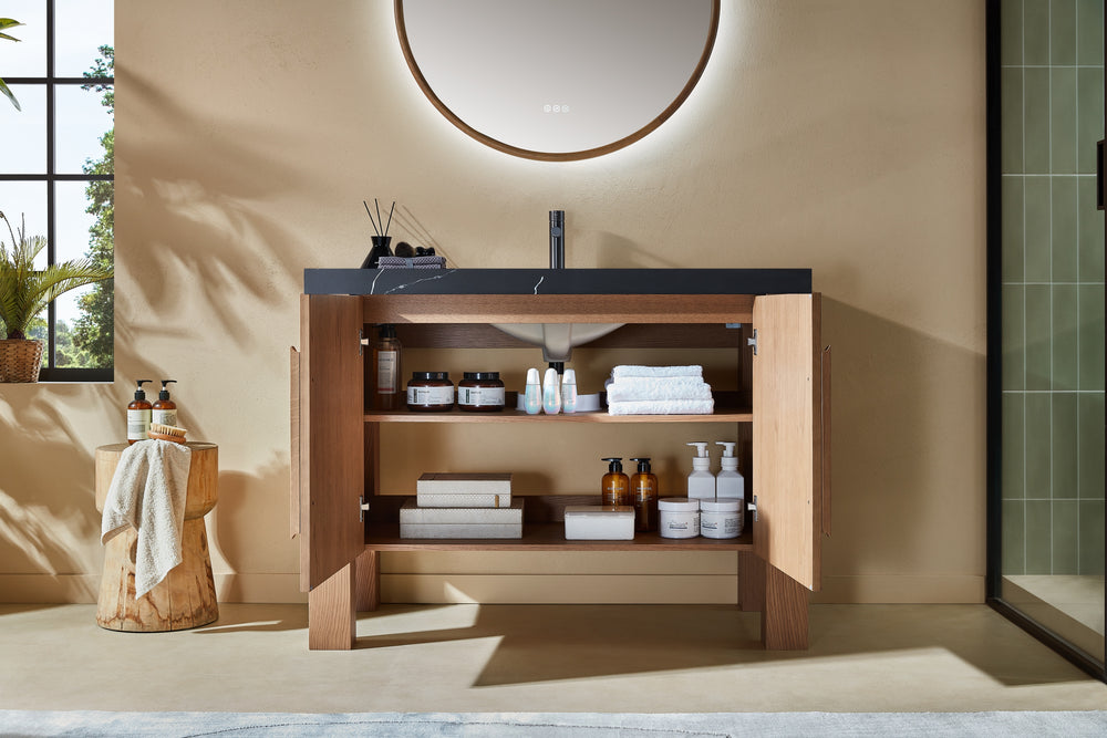 MUNICH 48” NATURAL TEAK FREESTANDING MODERN BATHROOM VANITY (BLACK COUNTERTOP)