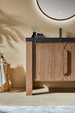 MUNICH 48” NATURAL TEAK FREESTANDING MODERN BATHROOM VANITY (BLACK COUNTERTOP)