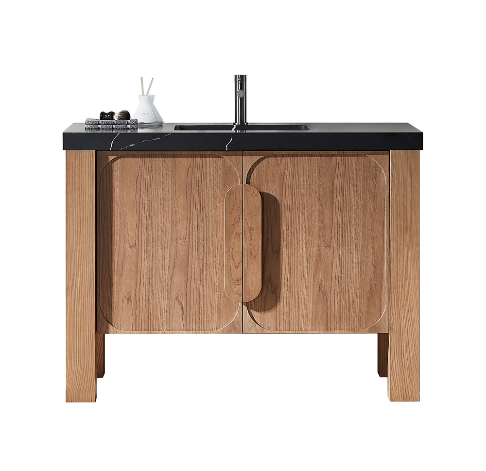 MUNICH 48” NATURAL TEAK FREESTANDING MODERN BATHROOM VANITY (BLACK COUNTERTOP)