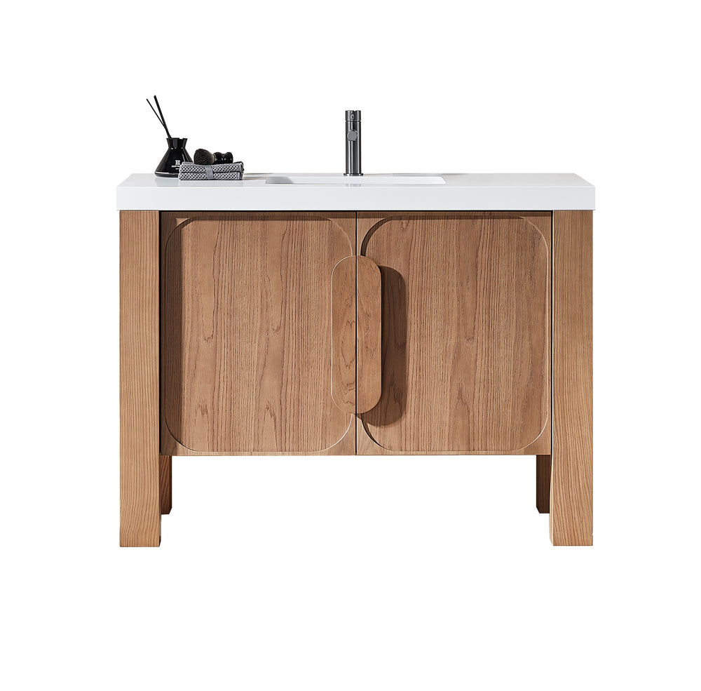 MUNICH 48” NATURAL TEAK FREESTANDING MODERN BATHROOM VANITY (WHITE COUNTERTOP)