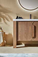 MUNICH 48” NATURAL TEAK FREESTANDING MODERN BATHROOM VANITY (WHITE COUNTERTOP)