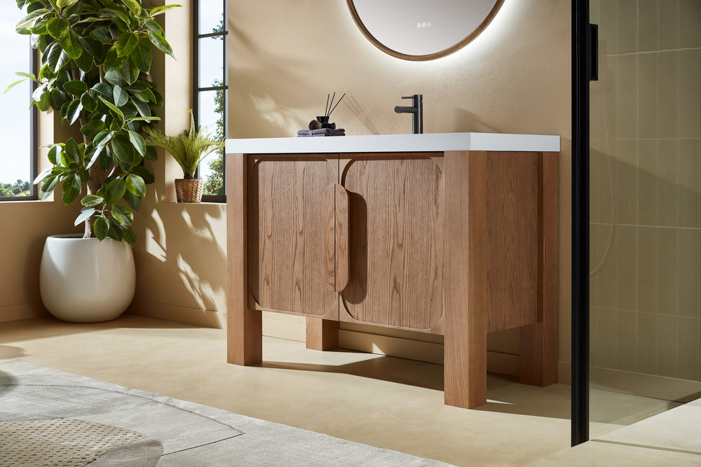 MUNICH 48” NATURAL TEAK FREESTANDING MODERN BATHROOM VANITY (WHITE COUNTERTOP)