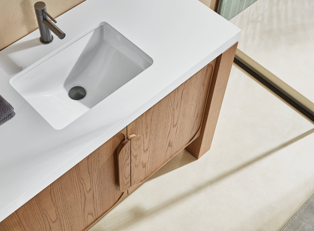 MUNICH 48” NATURAL TEAK FREESTANDING MODERN BATHROOM VANITY (WHITE COUNTERTOP)