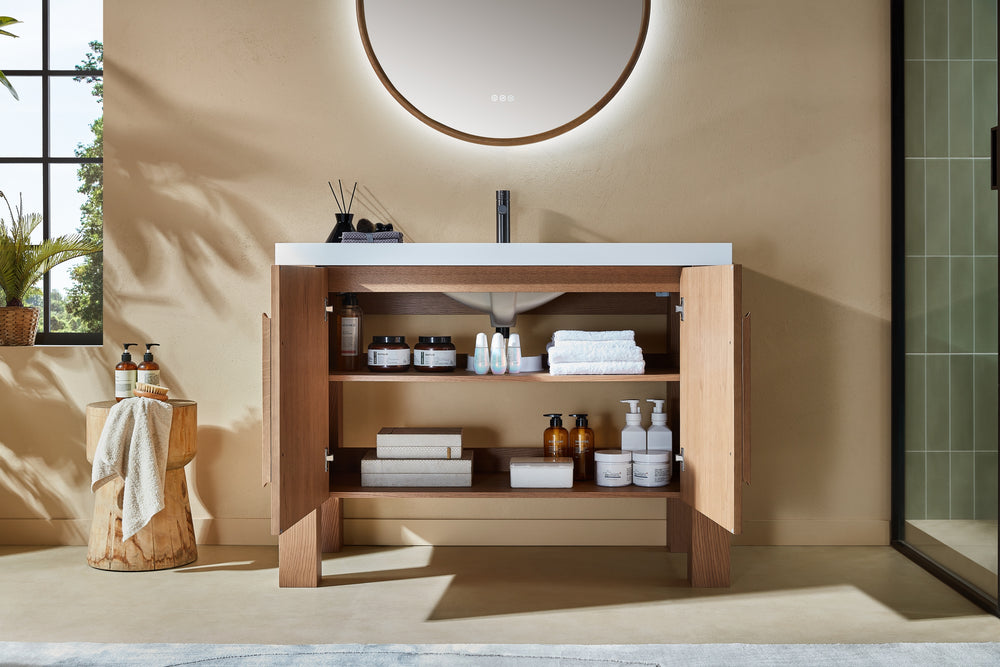 MUNICH 48” NATURAL TEAK FREESTANDING MODERN BATHROOM VANITY (WHITE COUNTERTOP)