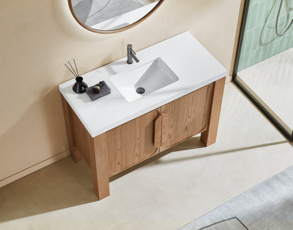 MUNICH 48” NATURAL TEAK FREESTANDING MODERN BATHROOM VANITY (WHITE COUNTERTOP)