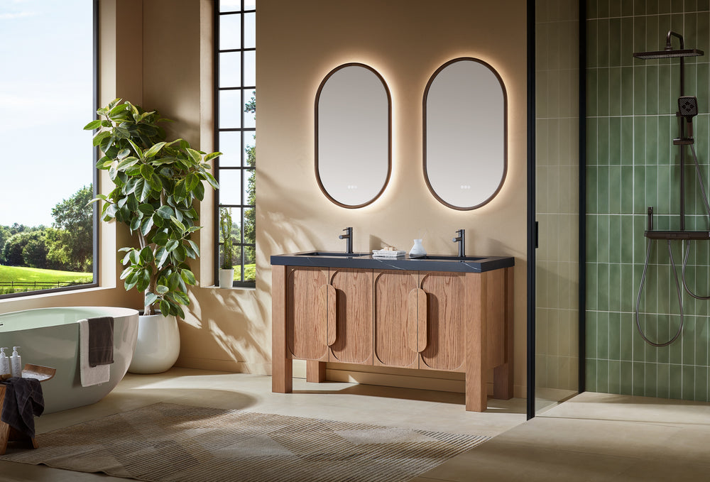 MUNICH 60” NATURAL TEAK FREESTANDING MODERN BATHROOM VANITY (BLACK COUNTERTOP)