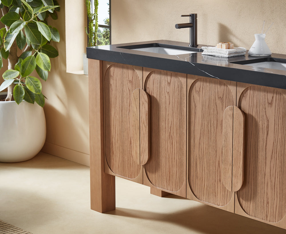 MUNICH 60” NATURAL TEAK FREESTANDING MODERN BATHROOM VANITY (BLACK COUNTERTOP)