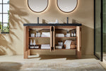 MUNICH 60” NATURAL TEAK FREESTANDING MODERN BATHROOM VANITY (BLACK COUNTERTOP)