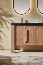 MUNICH 60” NATURAL TEAK FREESTANDING MODERN BATHROOM VANITY (BLACK COUNTERTOP)