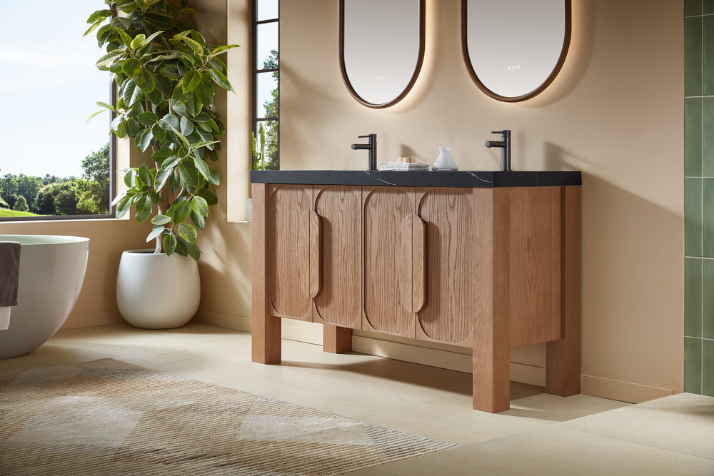 MUNICH 60” NATURAL TEAK FREESTANDING MODERN BATHROOM VANITY (BLACK COUNTERTOP)