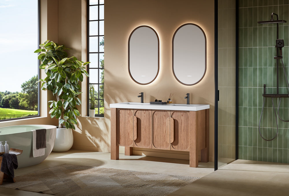 MUNICH 60” NATURAL TEAK FREESTANDING MODERN BATHROOM VANITY (WHITE COUNTERTOP)