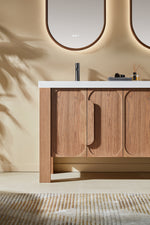 MUNICH 60” NATURAL TEAK FREESTANDING MODERN BATHROOM VANITY (WHITE COUNTERTOP)