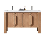 MUNICH 60” NATURAL TEAK FREESTANDING MODERN BATHROOM VANITY (WHITE COUNTERTOP)