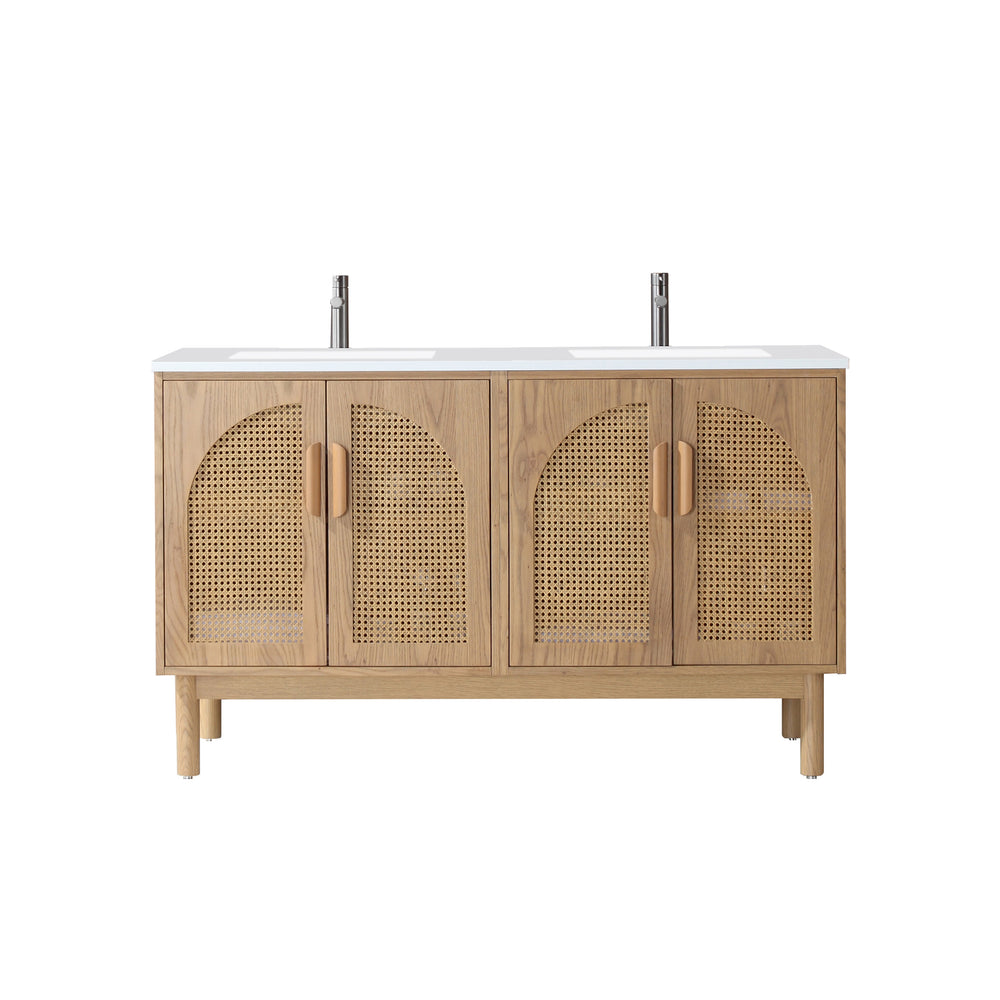 NARA 60” PECAN OAK MID-CENTURY FREESTANDING BATHROOM VANITY