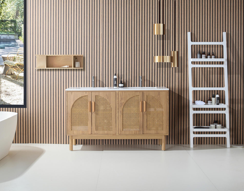 NARA 60” PECAN OAK MID-CENTURY FREESTANDING BATHROOM VANITY