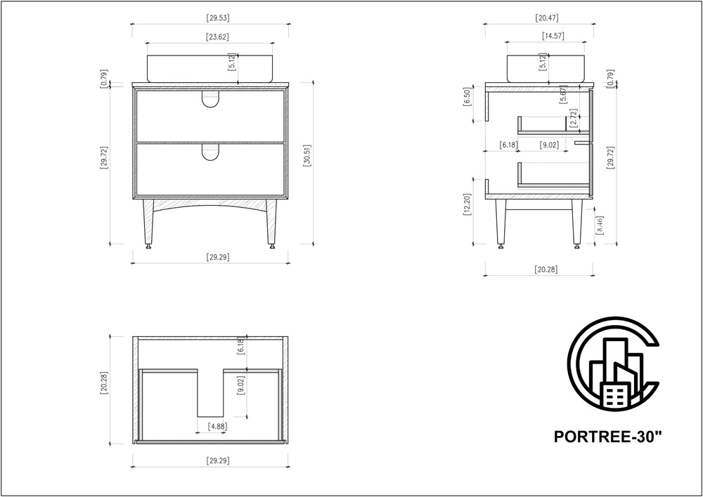 PORTREE 30” WALNUT MID-CENTURY FREESTANDING BATHROOM VANITY