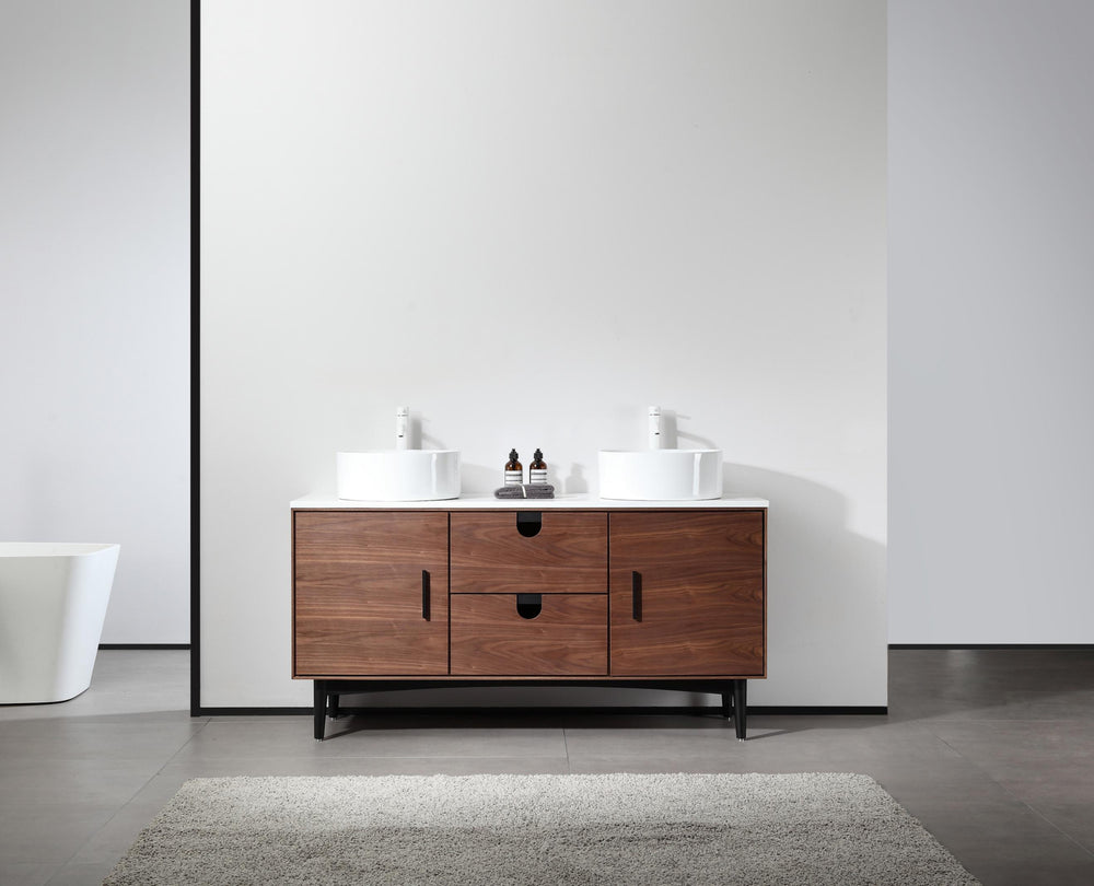 PORTREE 60” WALNUT MID-CENTURY FREESTANDING BATHROOM VANITY