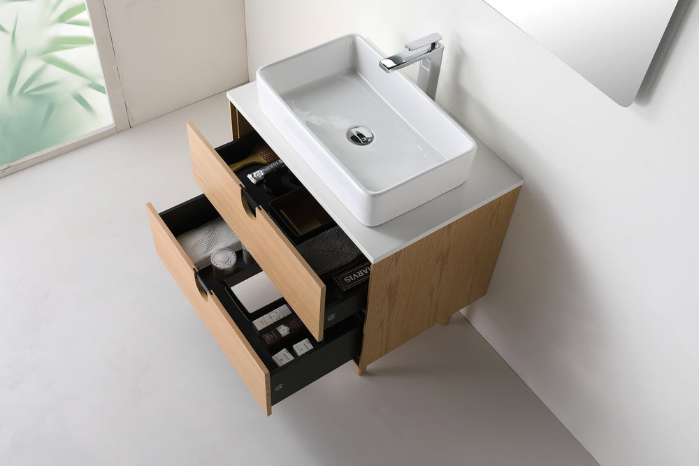 PORTREE 30” WHITEWASH OAK MID-CENTURY FREESTANDING BATHROOM VANITY