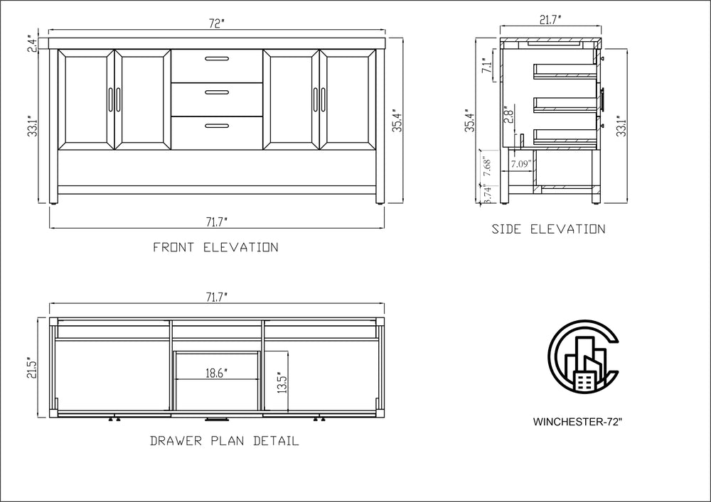 WINCHESTER 72” PECAN OAK FREESTANDING MODERN BATHROOM VANITY(BLACK COUNTERTOP)