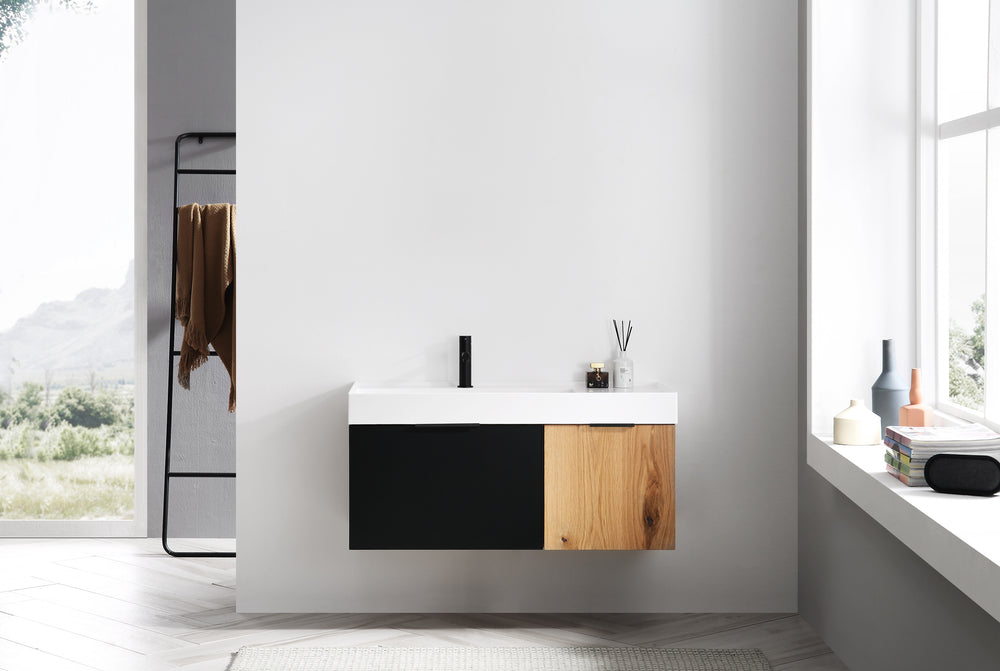 LUGANO 42” MATTE BLACK GLASS/MAPLE WALL MOUNT MODERN BATHROOM VANITY