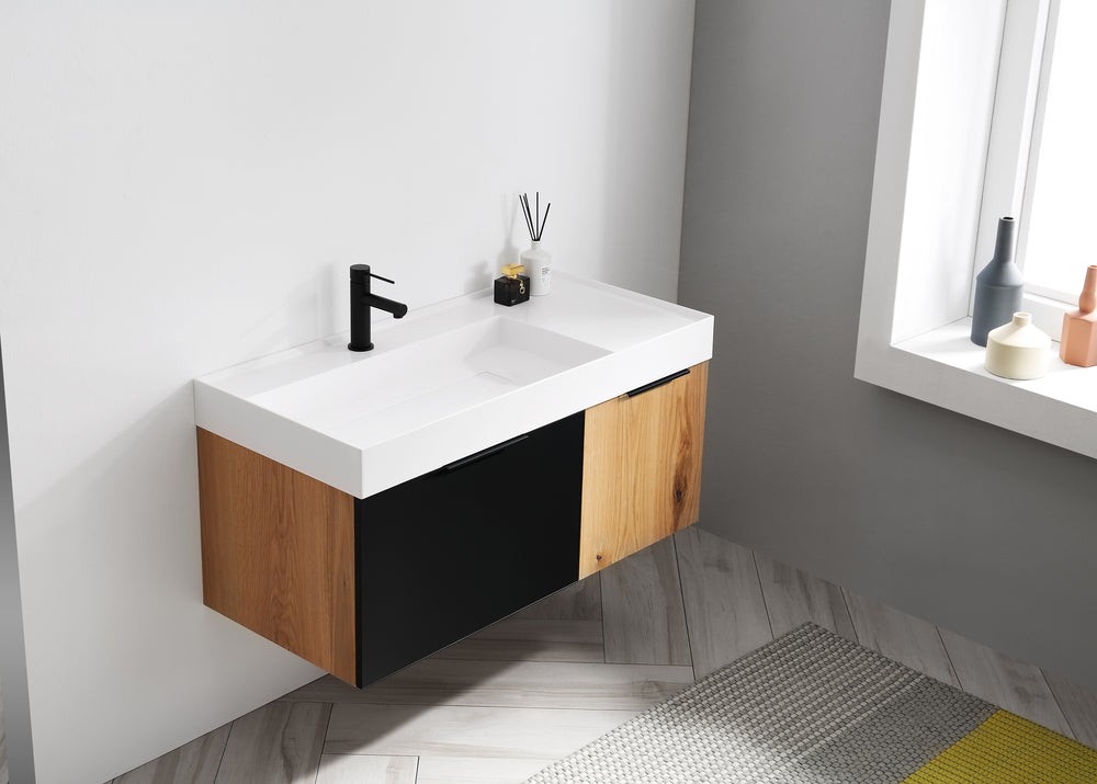 LUGANO 42” MATTE BLACK GLASS/MAPLE WALL MOUNT MODERN BATHROOM VANITY