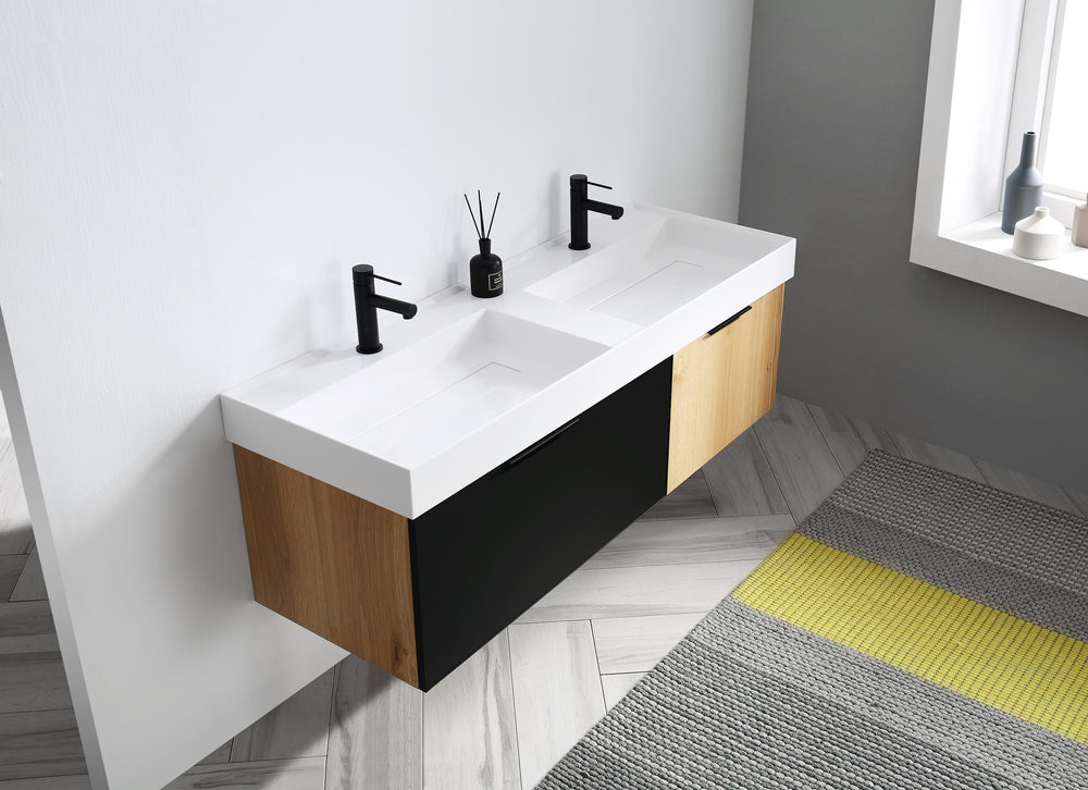 LUGANO 55” MATTE BLACK GLASS/MAPLE WALL MOUNT MODERN BATHROOM VANITY