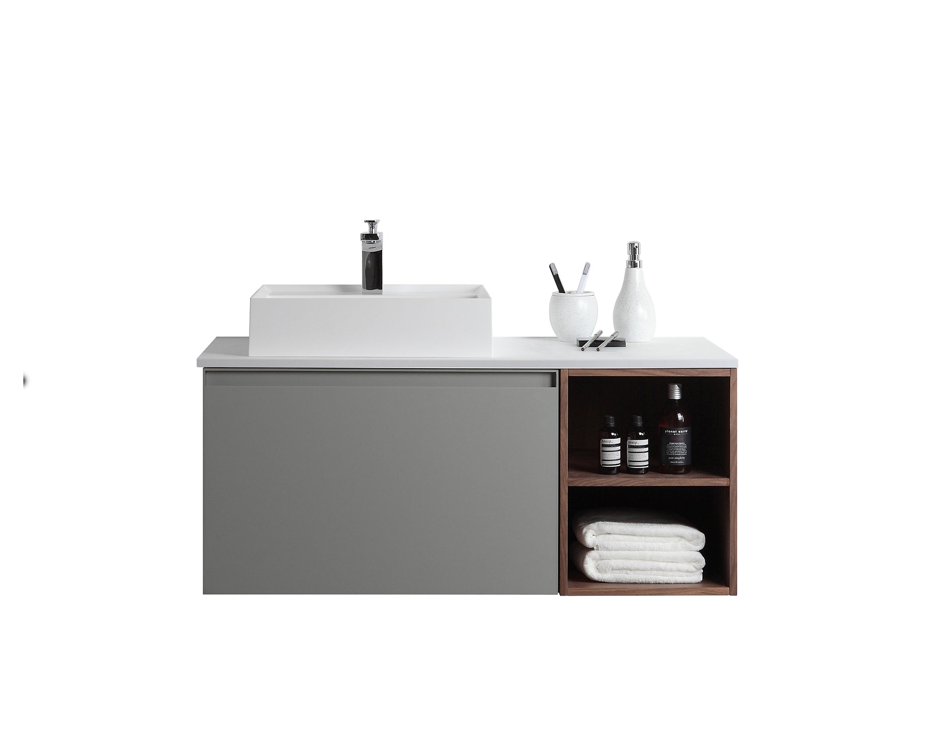 Karton Republic Manarola 42 Light Gray Wall Mount Modern Bathroom Vanity W/Sink (Open Shelves) VAMANLG42WM