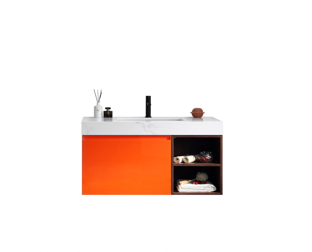 MANAROLA 42” RED AMBER/WALNUT WITH THICK QUARTZ WALL MOUNT MODERN BATHROOM VANITY (OPEN SHELVES)