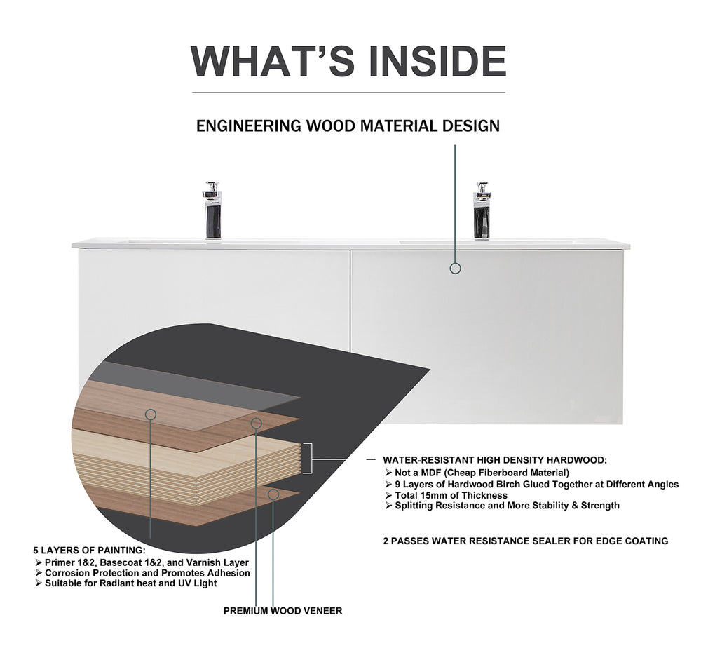 LUGANO 55” MATTE BLACK GLASS/MAPLE WALL MOUNT MODERN BATHROOM VANITY