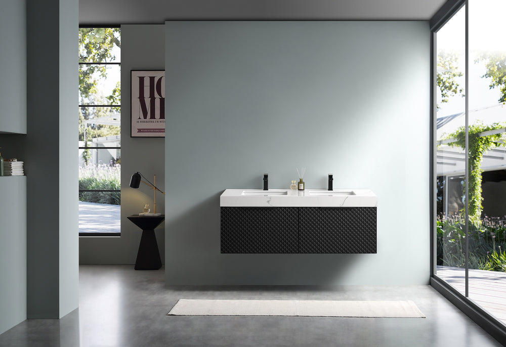 MANAROLA 60” BLACK OF NIGHT WITH THICK QUARTZ WALL MOUNT MODERN BATHROOM VANITY