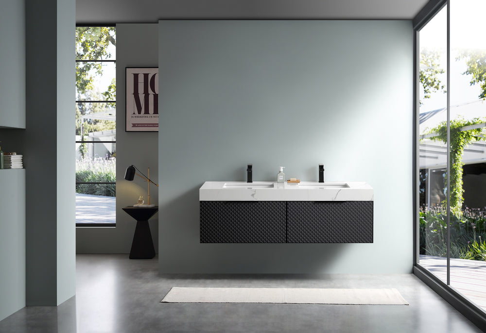 MANAROLA 72” BLACK OF NIGHT WITH THICK QUARTZ WALL MOUNT MODERN BATHROOM VANITY