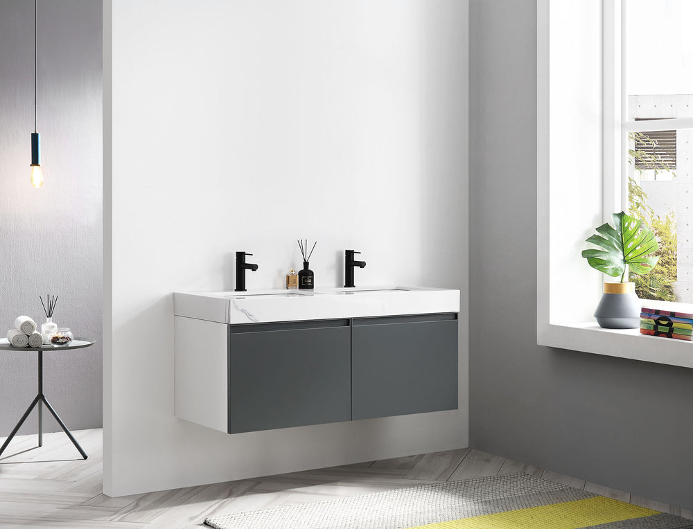 MANAROLA 48”  DARK GRAY WITH THICK QUARTZ WALL MOUNT MODERN BATHROOM VANITY