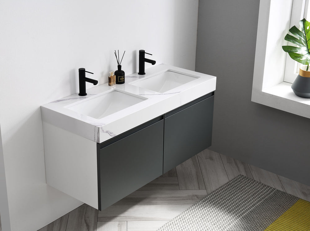 MANAROLA 48”  DARK GRAY WITH THICK QUARTZ WALL MOUNT MODERN BATHROOM VANITY