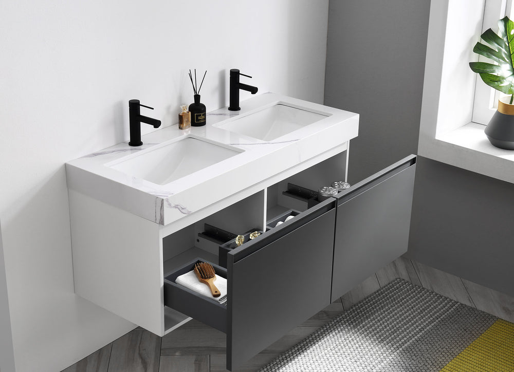 MANAROLA 48”  DARK GRAY WITH THICK QUARTZ WALL MOUNT MODERN BATHROOM VANITY