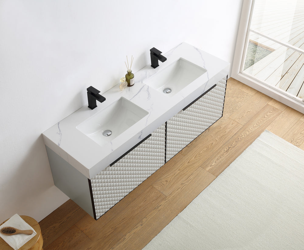 MANAROLA 60” SILVER GRAY WITH THICK QUARTZ WALL MOUNT MODERN BATHROOM VANITY