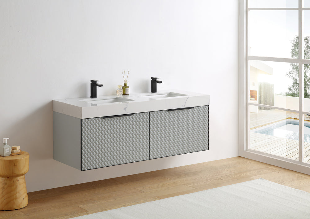 MANAROLA 60” SILVER GRAY WITH THICK QUARTZ WALL MOUNT MODERN BATHROOM VANITY