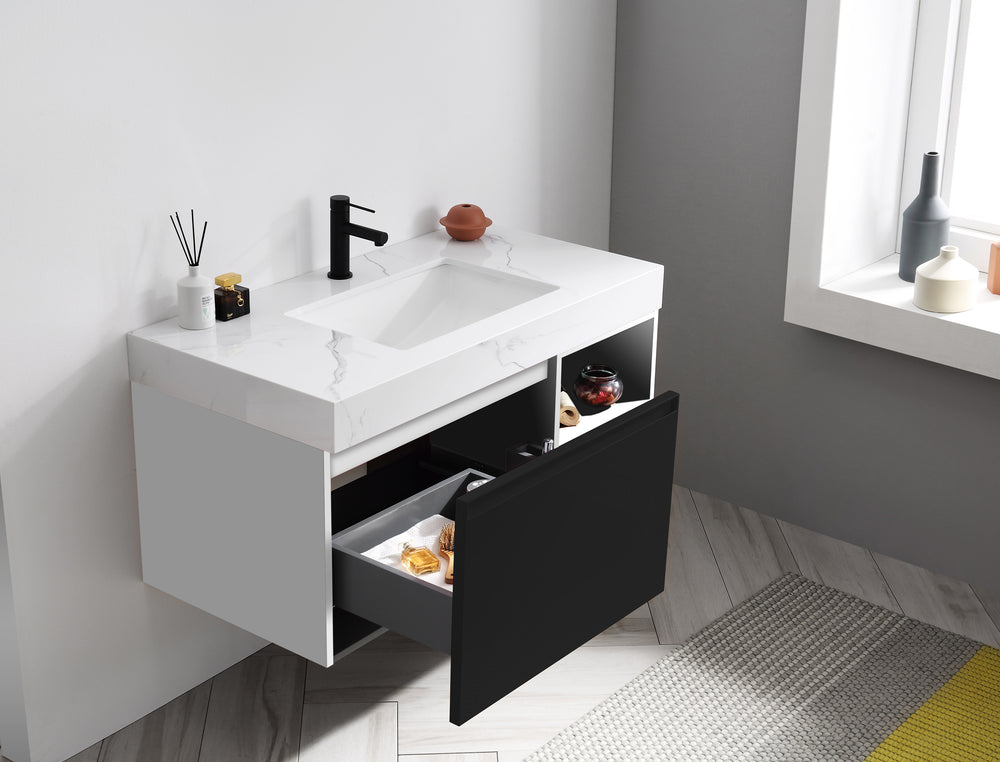 MANAROLA 42” BLACK OF NIGHT/MATTE WHITE WITH THICK QUARTZ WALL MOUNT MODERN BATHROOM VANITY (OPEN SHELVES)