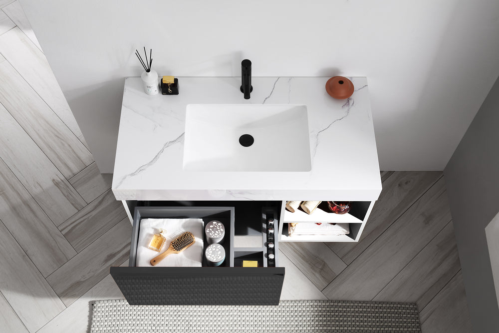 MANAROLA 42” BLACK OF NIGHT/MATTE WHITE WITH THICK QUARTZ WALL MOUNT MODERN BATHROOM VANITY (OPEN SHELVES)