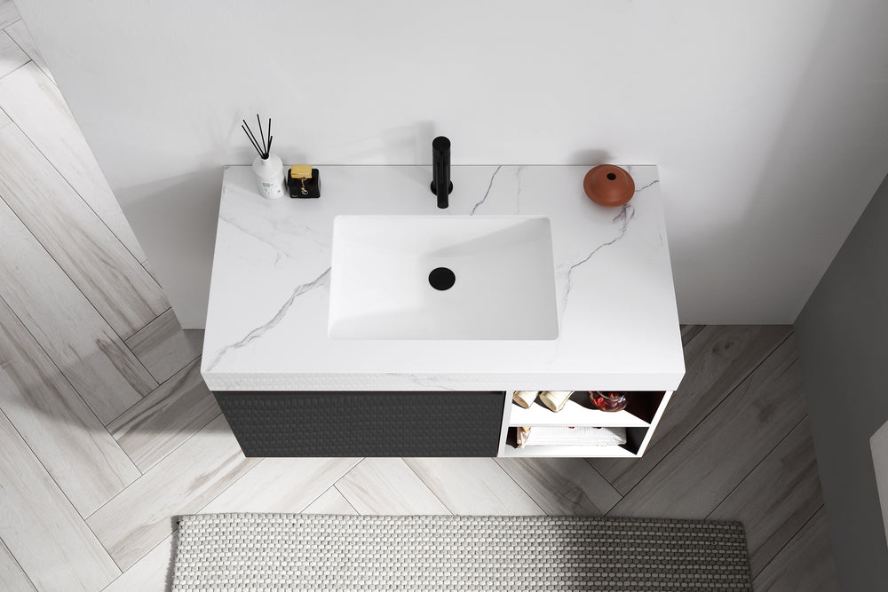 MANAROLA 42” BLACK OF NIGHT/MATTE WHITE WITH THICK QUARTZ WALL MOUNT MODERN BATHROOM VANITY (OPEN SHELVES)