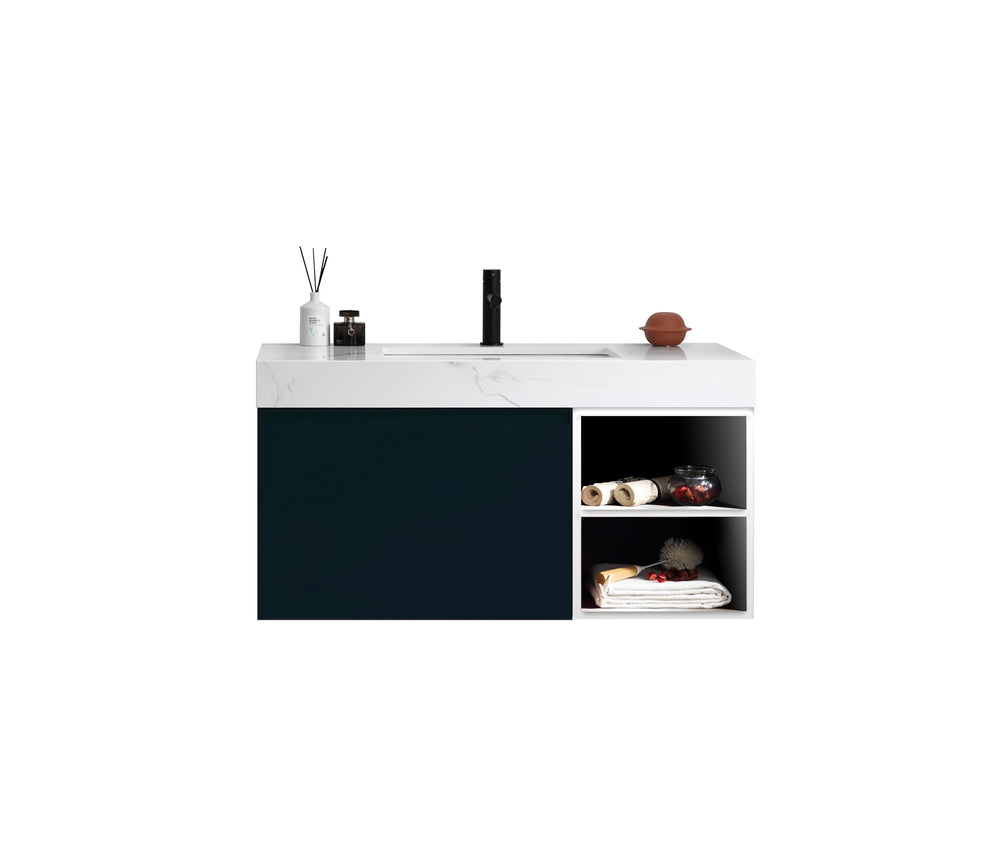 MANAROLA 42” BLACK OF NIGHT/MATTE WHITE WITH THICK QUARTZ WALL MOUNT MODERN BATHROOM VANITY (OPEN SHELVES)