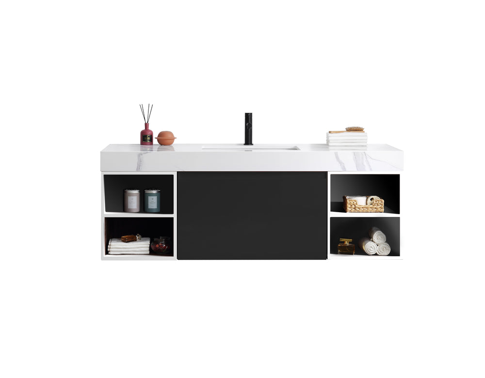 MANAROLA 60” BLACK OF NIGHT/MATTE WHITE WITH THICK QUARTZ WALL MOUNT MODERN BATHROOM VANITY (OPEN SHELVES)