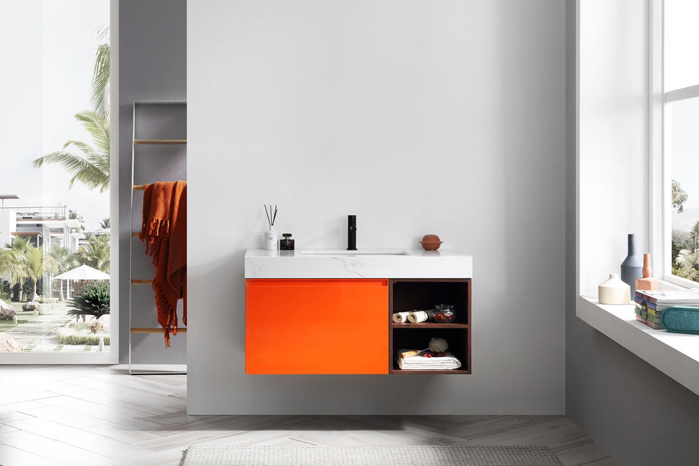 MANAROLA 42” RED AMBER/WALNUT WITH THICK QUARTZ WALL MOUNT MODERN BATHROOM VANITY (OPEN SHELVES)