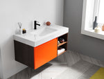 MANAROLA 42” RED AMBER/WALNUT WITH THICK QUARTZ WALL MOUNT MODERN BATHROOM VANITY (OPEN SHELVES)