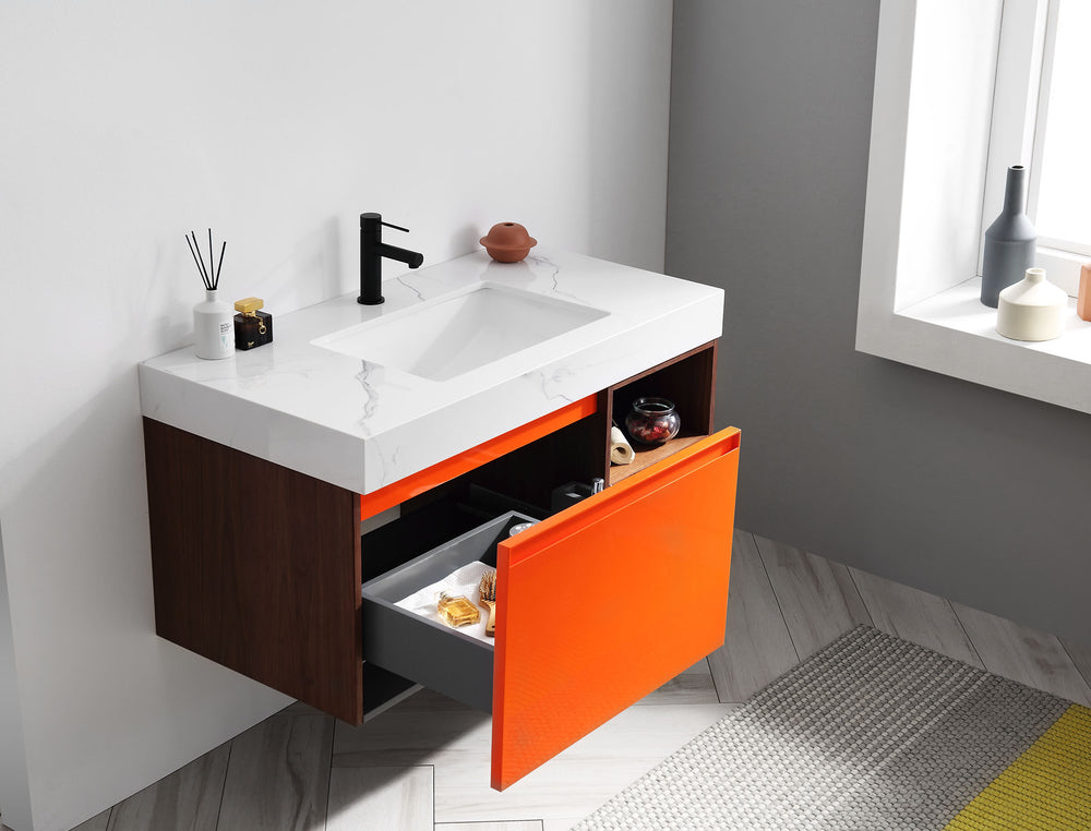 MANAROLA 42” RED AMBER/WALNUT WITH THICK QUARTZ WALL MOUNT MODERN BATHROOM VANITY (OPEN SHELVES)