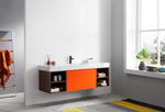 MANAROLA 60” RED AMBER/WALNUT WITH THICK QUARTZ WALL MOUNT MODERN BATHROOM VANITY (OPEN SHELVES)