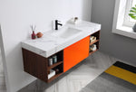 MANAROLA 60” RED AMBER/WALNUT WITH THICK QUARTZ WALL MOUNT MODERN BATHROOM VANITY (OPEN SHELVES)